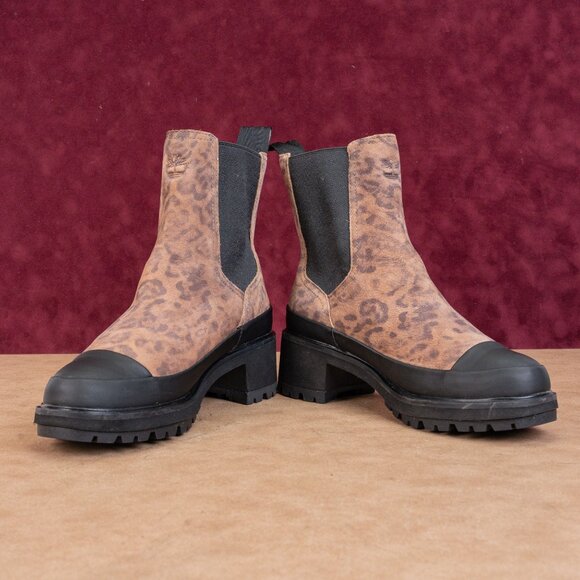 Timberland Women Kori Leopard Print Leather Block Heel Ankle Chelsea Boots sz 8 - Picture 2 of 8